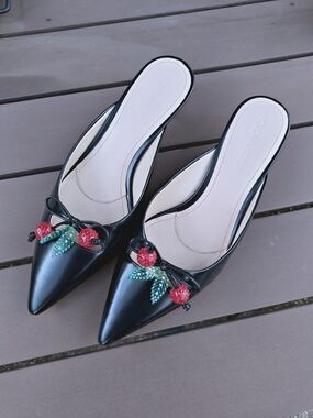 Coach Black Pointed Toe Mules with Red & Green Cherry Embellishments